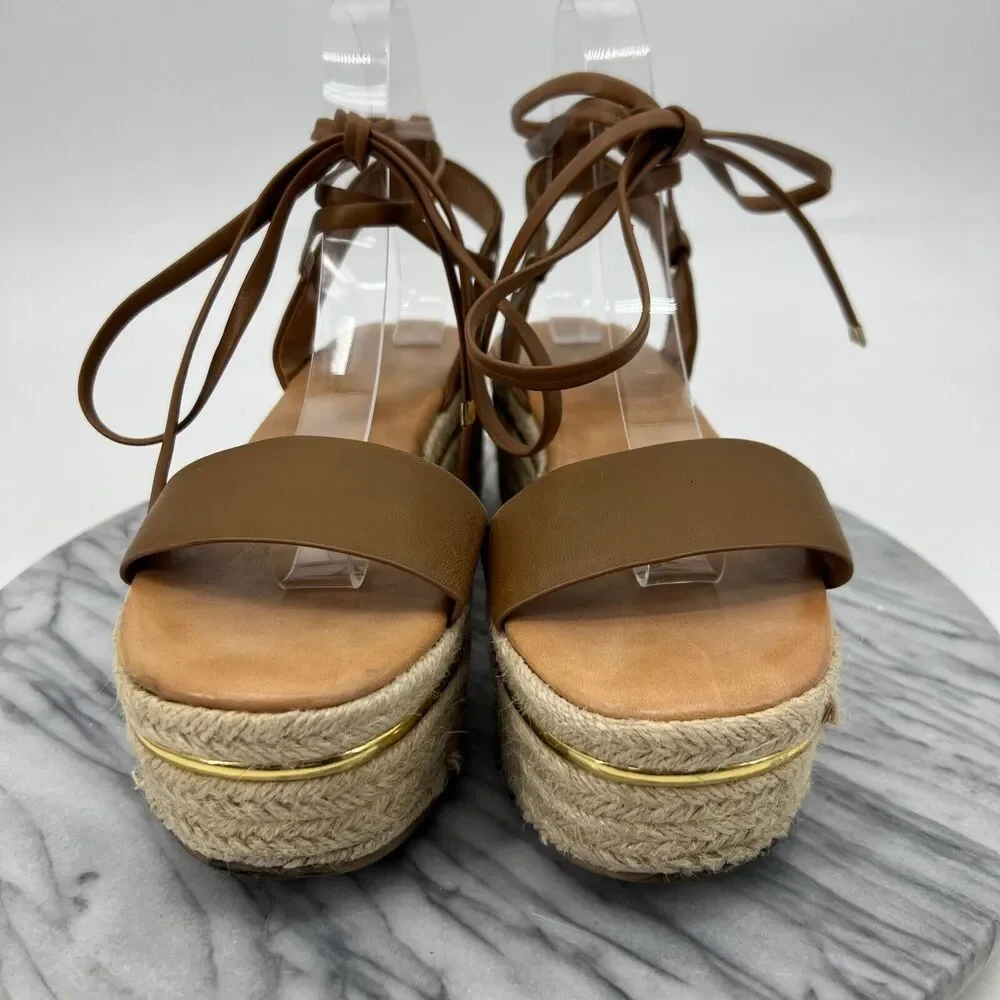 Bleecker & Bond Sandal Womens 7.5 Cognac Brown Odette Espadrille Leather Wedge